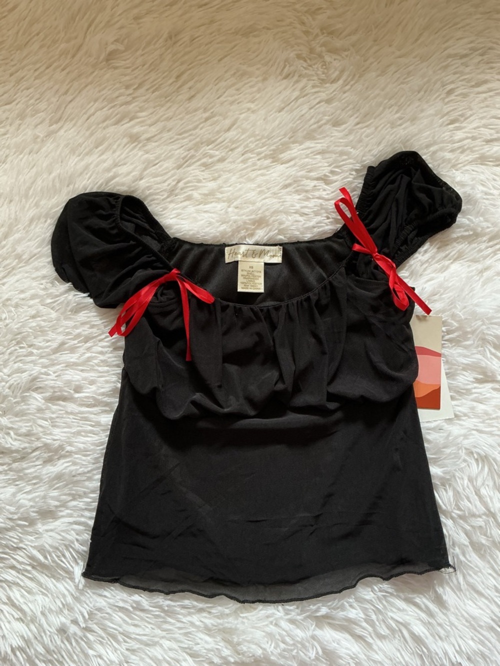 Heart & Moon Black Puff-Sleeve Crop Top with Red Ribbon Accents